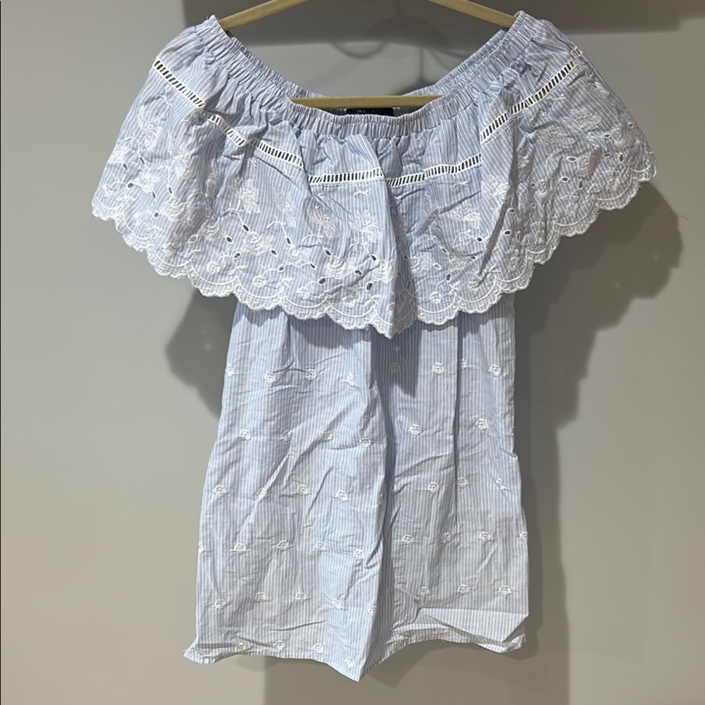 Off-Shoulder Blue and White Lace Dress